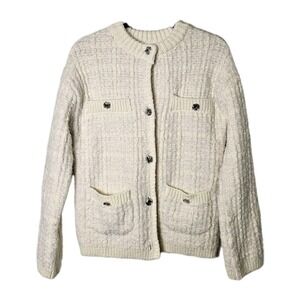 NWT H&M XS‎ Ivory Cardigan Sweater Wool Blend Button Up Lady Jacket Crew Neck